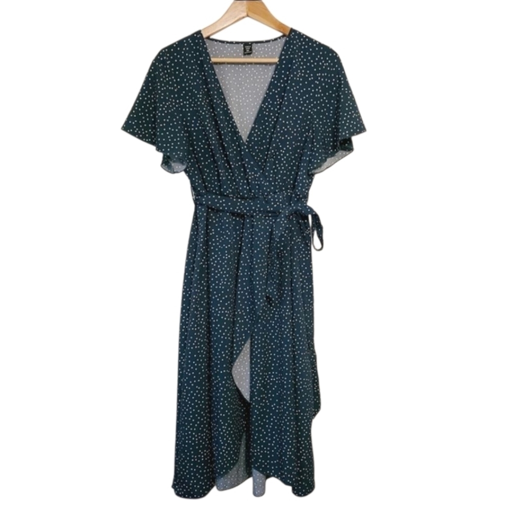 Shein Curve | Women's Elegant Green Polka Dot Faux Wrap Dress (Size 0XL)